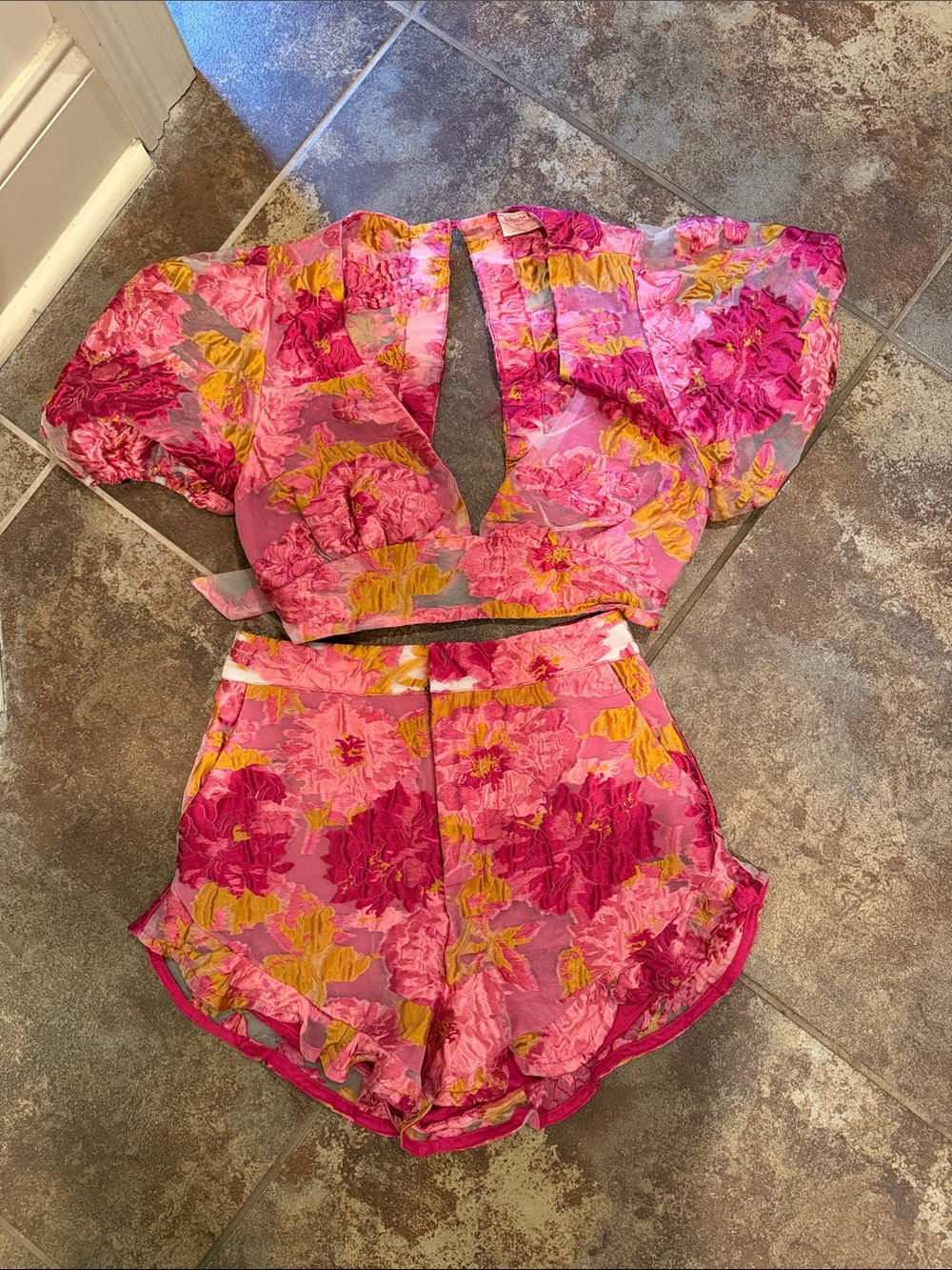 SHOWPO Pink Floral Two-Piece Crop Top & Shorts Set